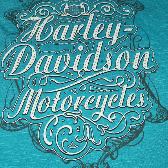 Harley-Davidson Motorcycle Teal Blue Bling Rhinestone Baseball Tee Women's Small - Picture 3 of 10